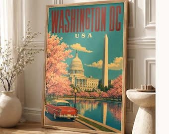 Washington DC Travel Poster | Vintage 1950s Capitol Print | Retro USA Wall Art Print | Mid Century City Decor