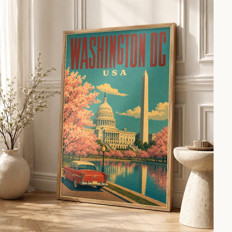 Washington DC Travel Poster | Vintage 1950s Capitol Print | Retro USA Wall Art Print | Mid Century City Decor image 1