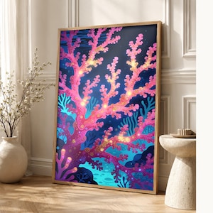 Bioluminescent Coral Reef Poster | Deep Sea Ocean Bathroom Wall Art Print | Dark Coastal Night Print image 1
