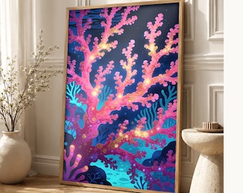Biolumineszierendes Korallenriff-Poster | Tiefsee-Ozean-Badezimmer-Wandkunstdruck | Dunkler Küstennachtdruck