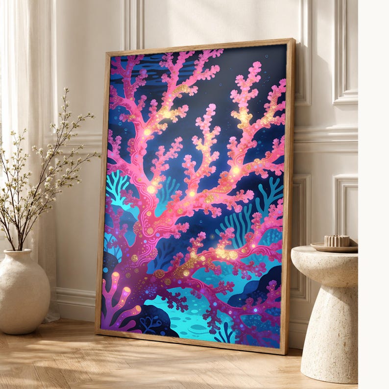 Bioluminescent Coral Reef Poster | Deep Sea Ocean Bathroom Wall Art Print | Dark Coastal Night Print image 1