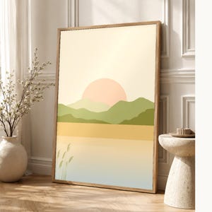Cuadro decorativo de atardecer en la montaña verde salvia | Póster minimalista de paisaje zen | Lámina para salón con ambiente tranquilo y natural imagen 1
