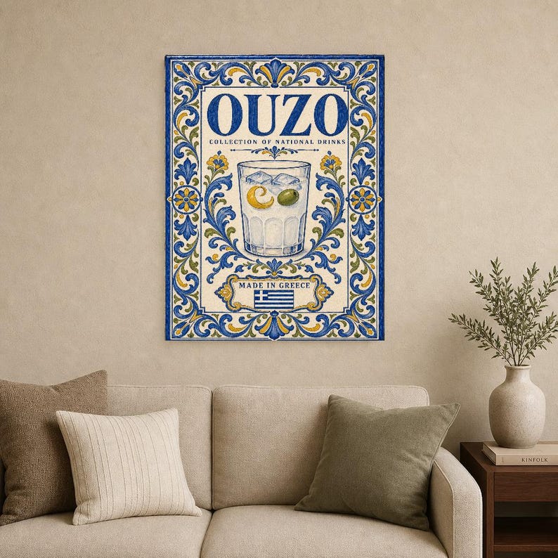 Ouzo cocktail tegel kunst aan de muur | Nationale drankposter van Griekenland | Azulejo Barwagen afdrukken | Maiolica keukendecor afbeelding 9