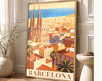 Barcelona Vintage Travel Poster | Retro Spain City Art Print | Housewarming Gift Wall Decor