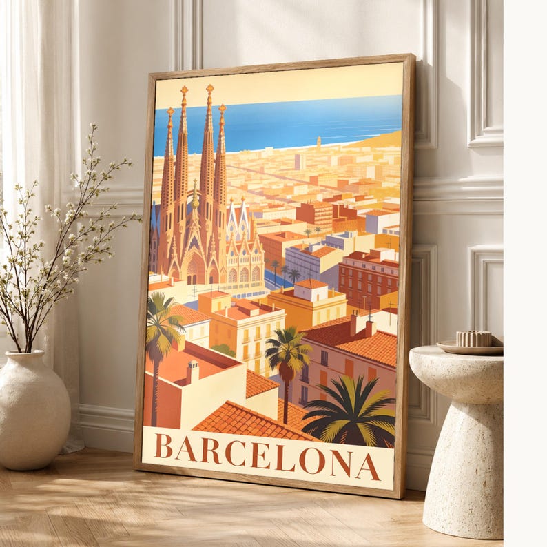 Póster de viaje vintage de Barcelona | Impresión de arte retro de la ciudad de España ? Decoración de pared de regalo de inauguración de la imagen 1