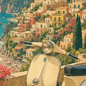 Positano Vespa Wandkunst | Italienisches Riviera-Reiseplakat | Amalfiküste Druck | Vintage Dolce Vita Roller Kunst | Mediterranes Dekor Bild 3