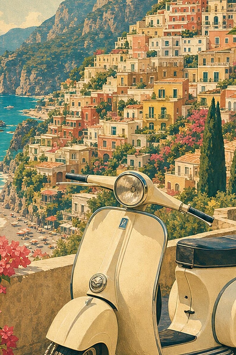 Positano Vespa Wandkunst | Italienisches Riviera-Reiseplakat | Amalfiküste Druck | Vintage Dolce Vita Roller Kunst | Mediterranes Dekor Bild 3