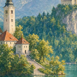 Lake Bled Travel Poster | Soft Painting Slovenia Wall Art | Alpine Island Church Print | Printed & Shipped image 3