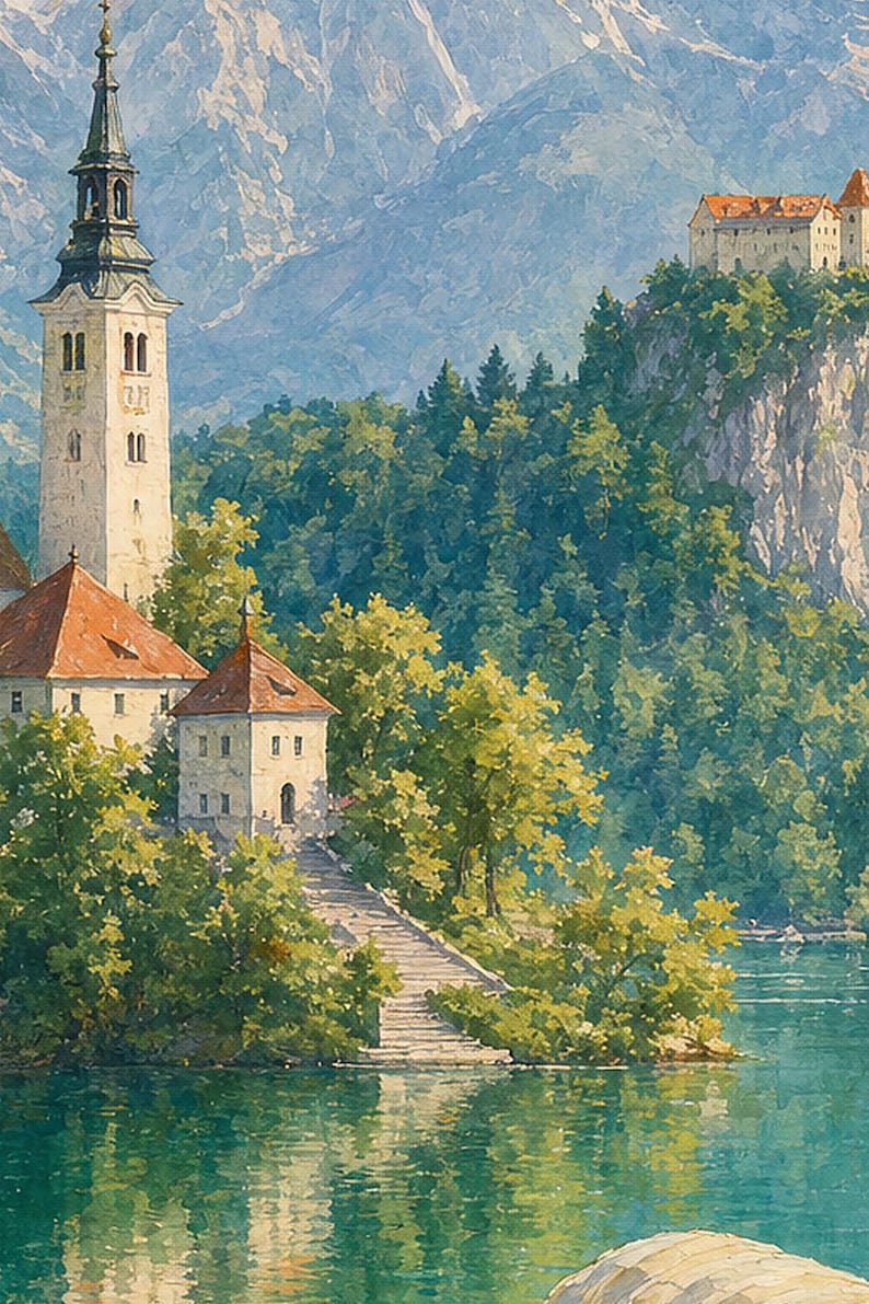 Lake Bled Travel Poster | Soft Painting Slovenia Wall Art | Alpine Island Church Print | Printed & Shipped image 3