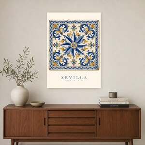 Seville Azulejo Tile Wall Art | Full Color Spanish Maiolica Poster | 8-Pointed Star Print | Andalusia Travel Decor | Spain Kitchen Gift image 2