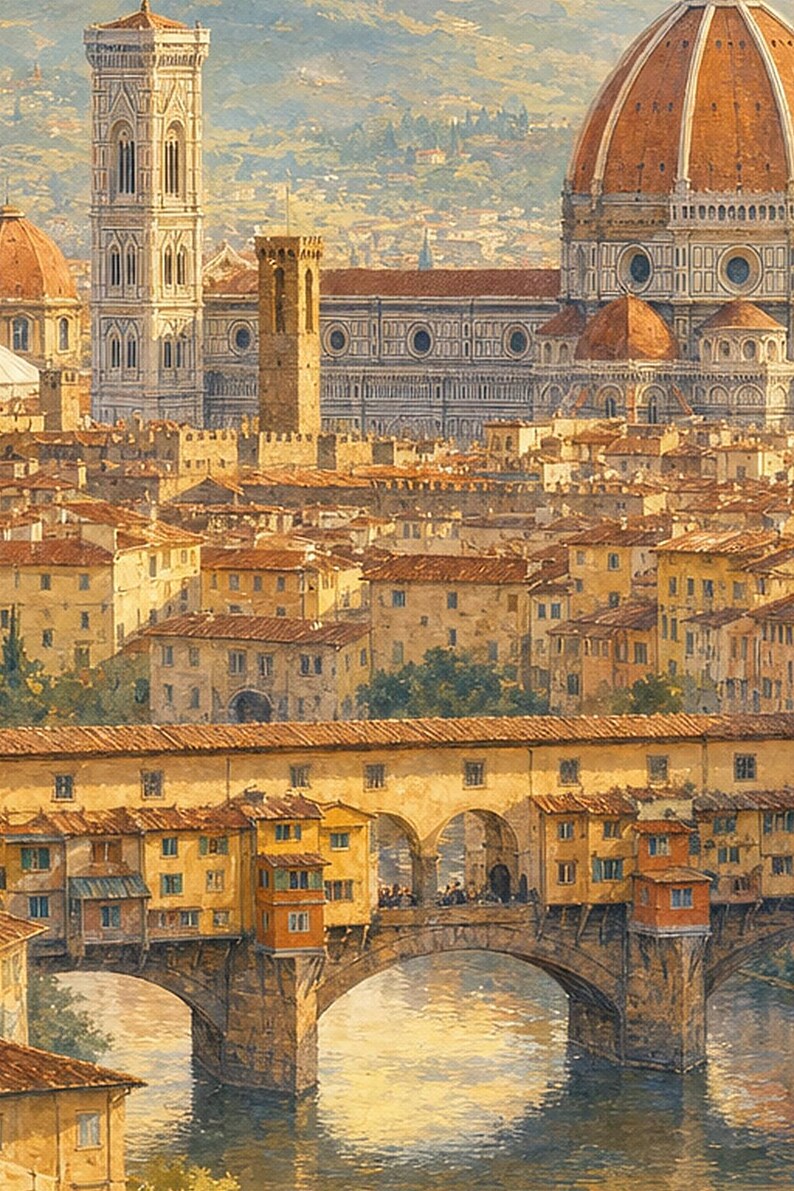 Florence Travel Poster | Soft Painting Italy Wall Art | Duomo and Arno Tuscany Print | Printed & Shipped image 3