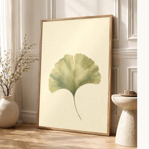 Sage Green Japandi Wall Art Print | Neutral Gallery Wall Set | Minimal Ginkgo Leaf Wabi Sabi Print image 1