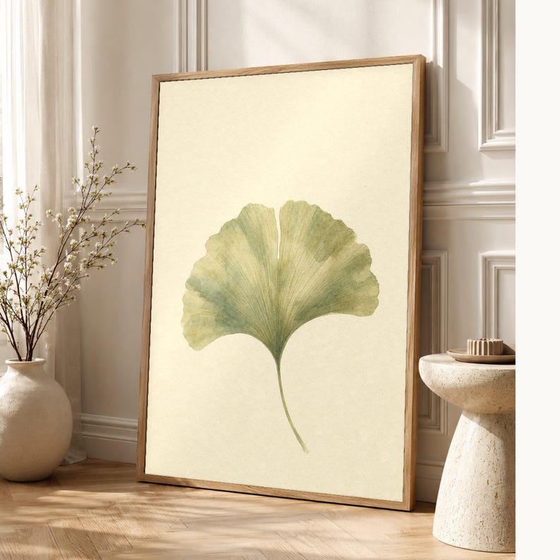 Sage Green Japandi Wall Art Print | Neutral Gallery Wall Set | Minimal Ginkgo Leaf Wabi Sabi Print image 1