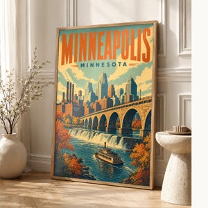 Minneapolis Travel Poster | Vintage Stone Arch Bridge Print | Minnesota Wall Art Print | Mid Century City Decor image 1