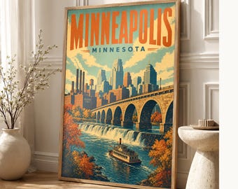 Minneapolis Travel Poster | Vintage Stone Arch Bridge Print | Minnesota Wall Art Print | Mid Century City Decor