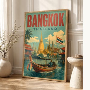 バンコク旅行ポスター｜ヴィンテージ寺院プリント｜タイのウォールアート｜印刷・発送 画像 1