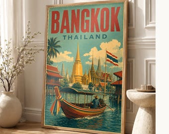 Bangkok Travel Poster | Vintage Temples Print | Thailand Wall Art | Printed & Shipped