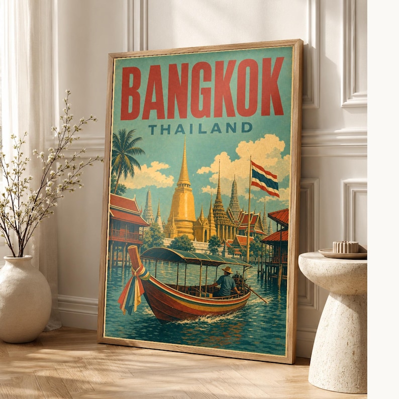 バンコク旅行ポスター｜ヴィンテージ寺院プリント｜タイのウォールアート｜印刷・発送 画像 1
