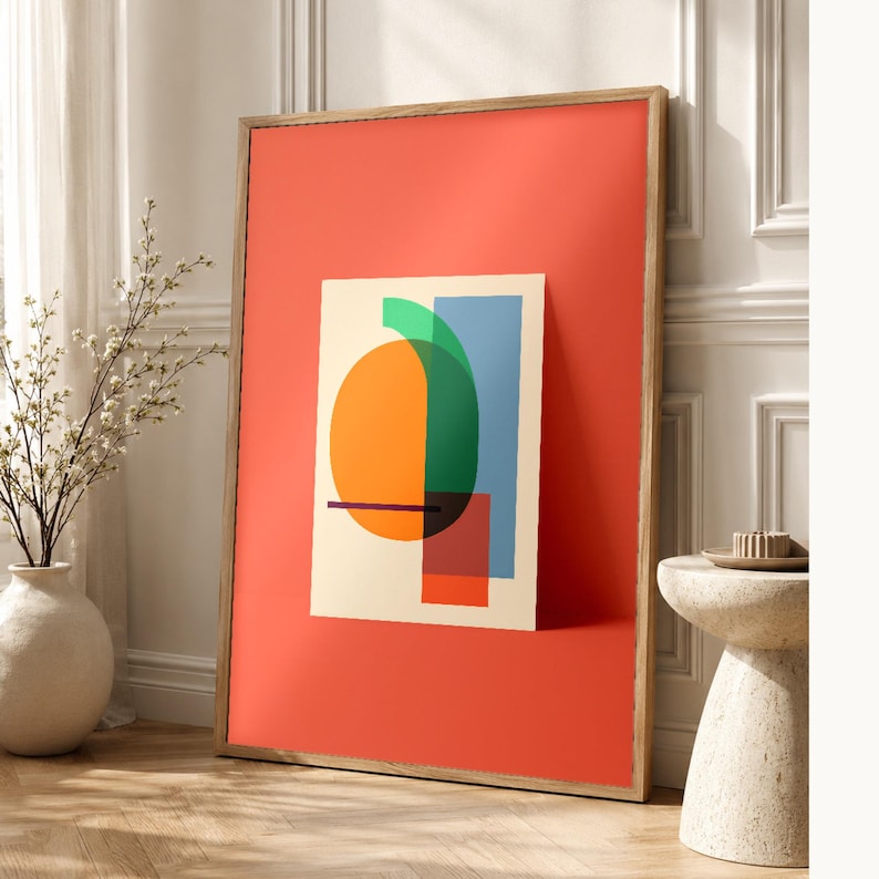 Abstracte muurdecoratie met kaki en wasabi | Opvallende poster met kleurblokken | Moderne geometrische print in mid-century stijl afbeelding 1