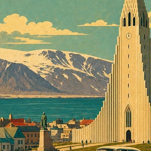 Plakat z podróży do Reykjaviku | Druk w stylu vintage z kościołem | Sztuka ścienna Islandii | Wydruk i wysyłka zdjęcie 3