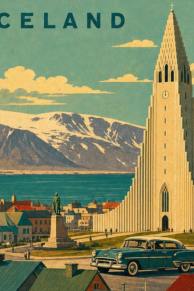 Plakat z podróży do Reykjaviku | Druk w stylu vintage z kościołem | Sztuka ścienna Islandii | Wydruk i wysyłka zdjęcie 3