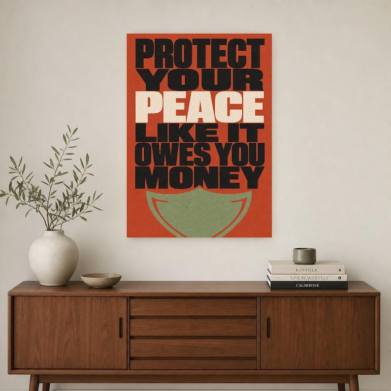 Skydda din fred-poster | Djärv typografisk väggkonsttryck | Självvårdscitattryck | Boho bekräftelsedekor | Gåva för mental hälsa bild 3
