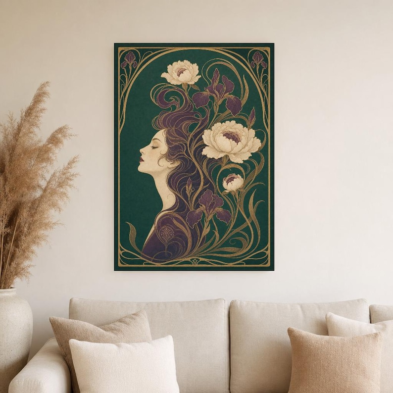 Art Nouveau Wall Art Print | Woman with Iris Flowers Poster | Modern New Botanical | Jade Plum Ivory Elegant Wall Decor image 4
