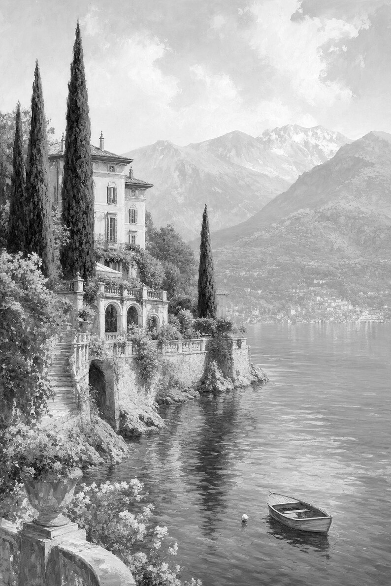 Lake Como Travel Poster | Soft Painting Italy Wall Art | Italian Lake Villa Print | Printed & Shipped image 10