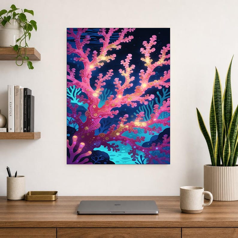 Bioluminescent Coral Reef Poster | Deep Sea Ocean Bathroom Wall Art Print | Dark Coastal Night Print image 10
