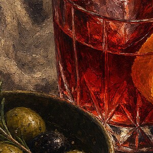 Red Negroni Olives Wall Art Print | Moody Aperitivo Still Life Poster | Bar Cart Decor Print | Cocktail Wall Art image 3