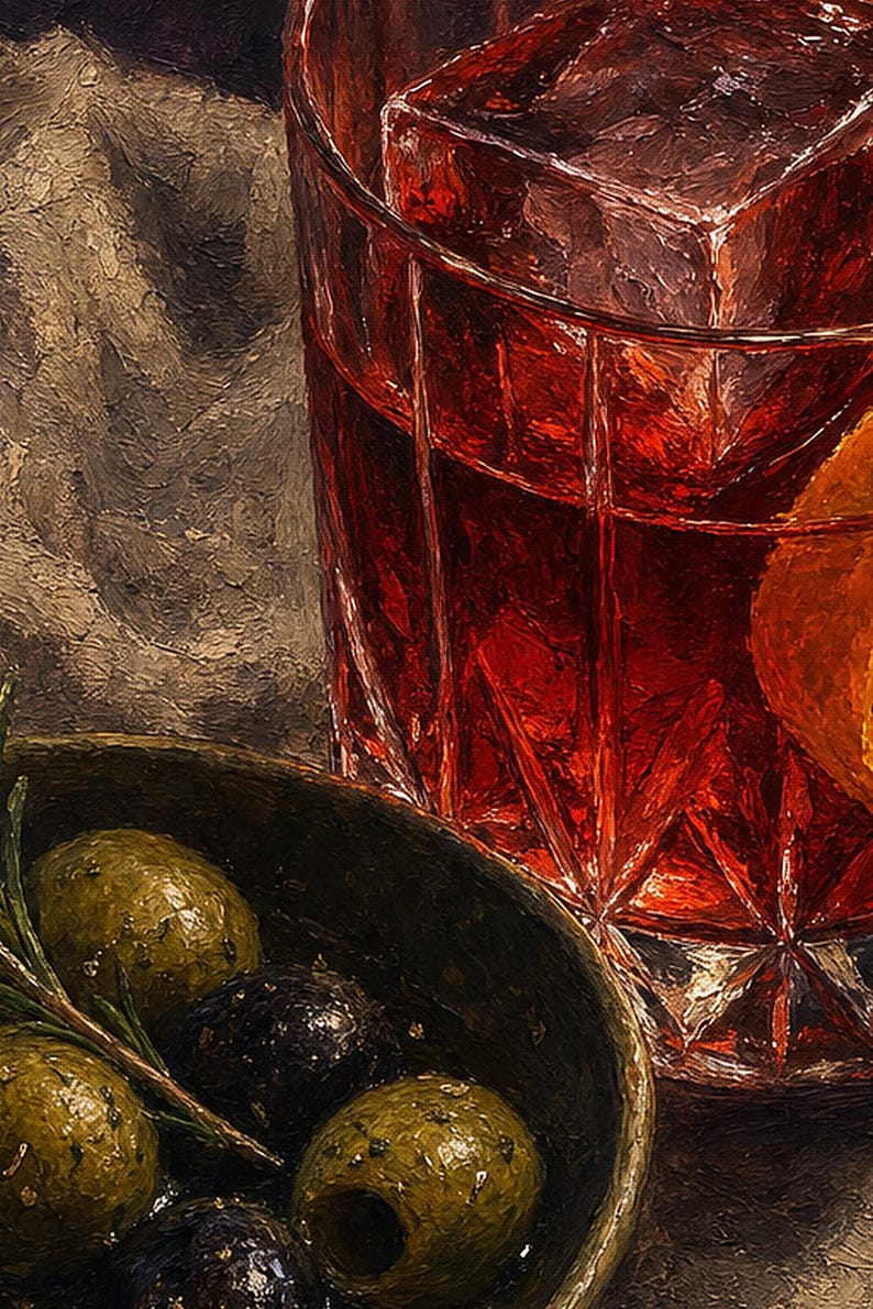 Red Negroni Olives Wall Art Print | Moody Aperitivo Still Life Poster | Bar Cart Decor Print | Cocktail Wall Art image 3