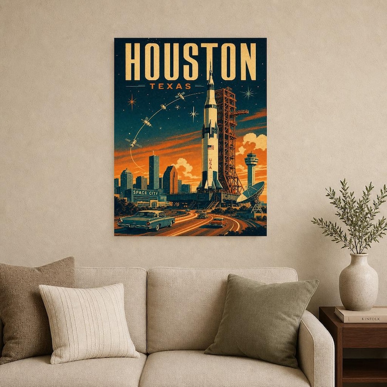 Houston Travel Poster | Vintage Space City Rocket Print | Texas Wall Art Print | Mid Century City Decor image 8