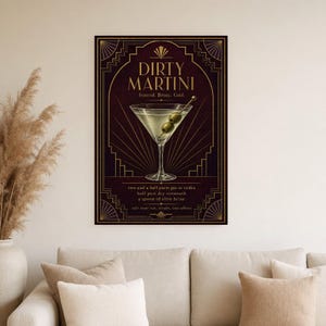 Olive Green Art Deco Dirty Martini Recipe Wall Art Print | Gold Cocktail Recipe Poster | Bar Cart Decor Print | Kitchen Wall Art image 4