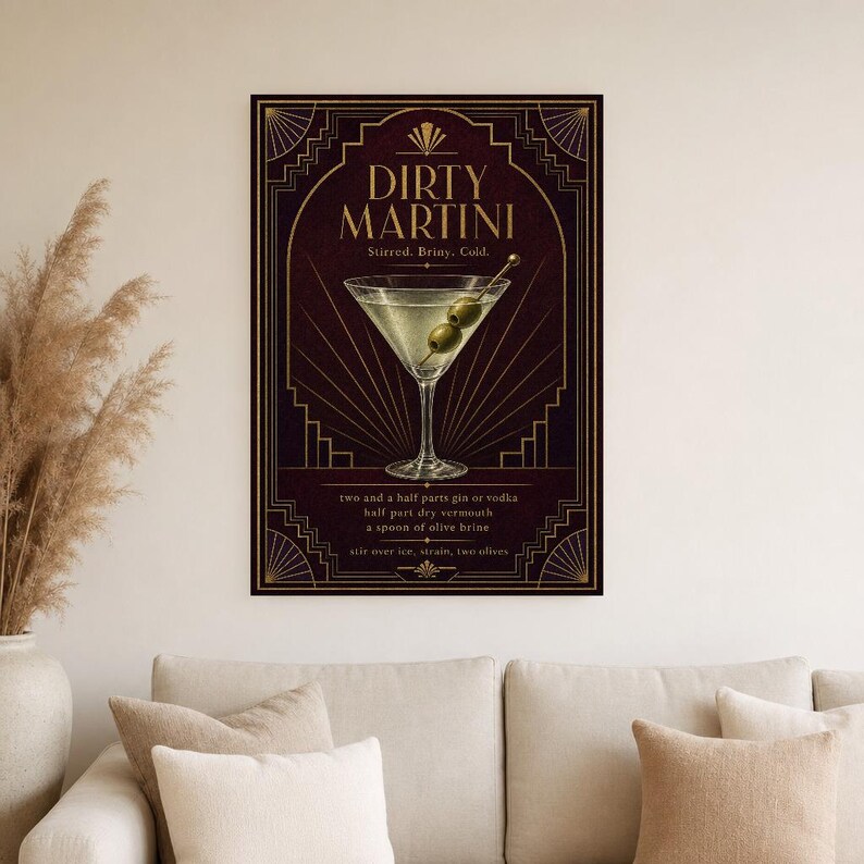 Olive Green Art Deco Dirty Martini Recipe Wall Art Print | Gold Cocktail Recipe Poster | Bar Cart Decor Print | Kitchen Wall Art image 4