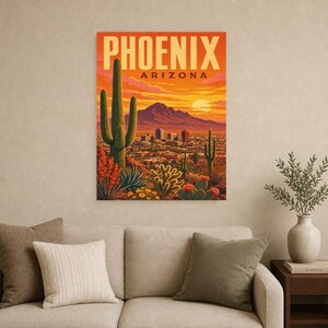 Póster de viaje de Phoenix | Lámina vintage de una puesta de sol en el desierto de Sonora | Lámina decorativa de Arizona | Decoración urbana de mediados de siglo imagen 8