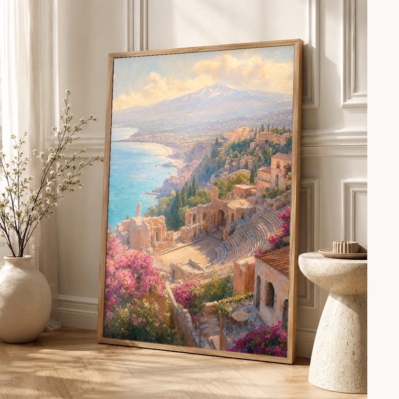 Taormina Travel Poster | Soft Painting Sicily Italy Wall Art | Coastal Etna View Print | Printed & Shipped image 1