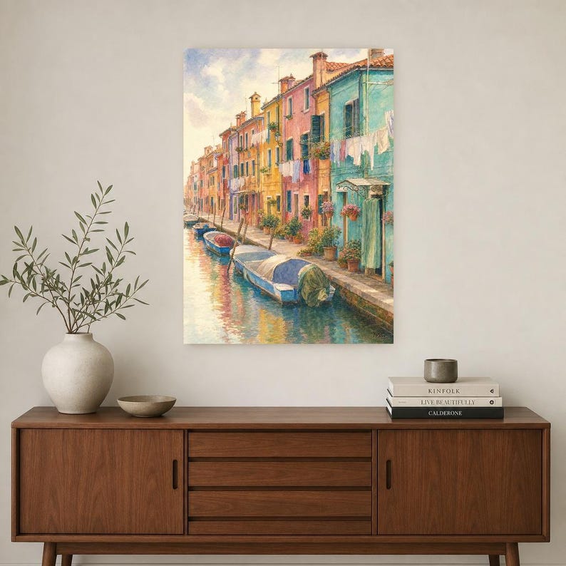 Burano Travel Poster | Soft Painting Italy Wall Art | Colorful Venice Canal Houses Print | Printed & Shipped image 2