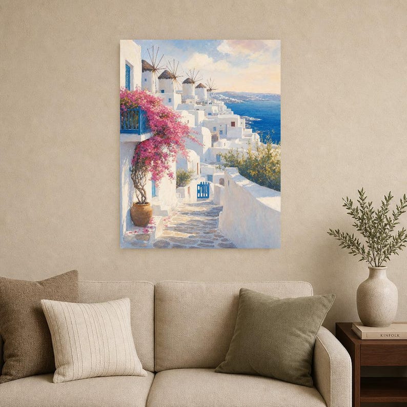 Mykonos Travel Poster | Soft Painting Greece Wall Art | Greek Island Windmills Coastal Print | Printed & Shipped image 9
