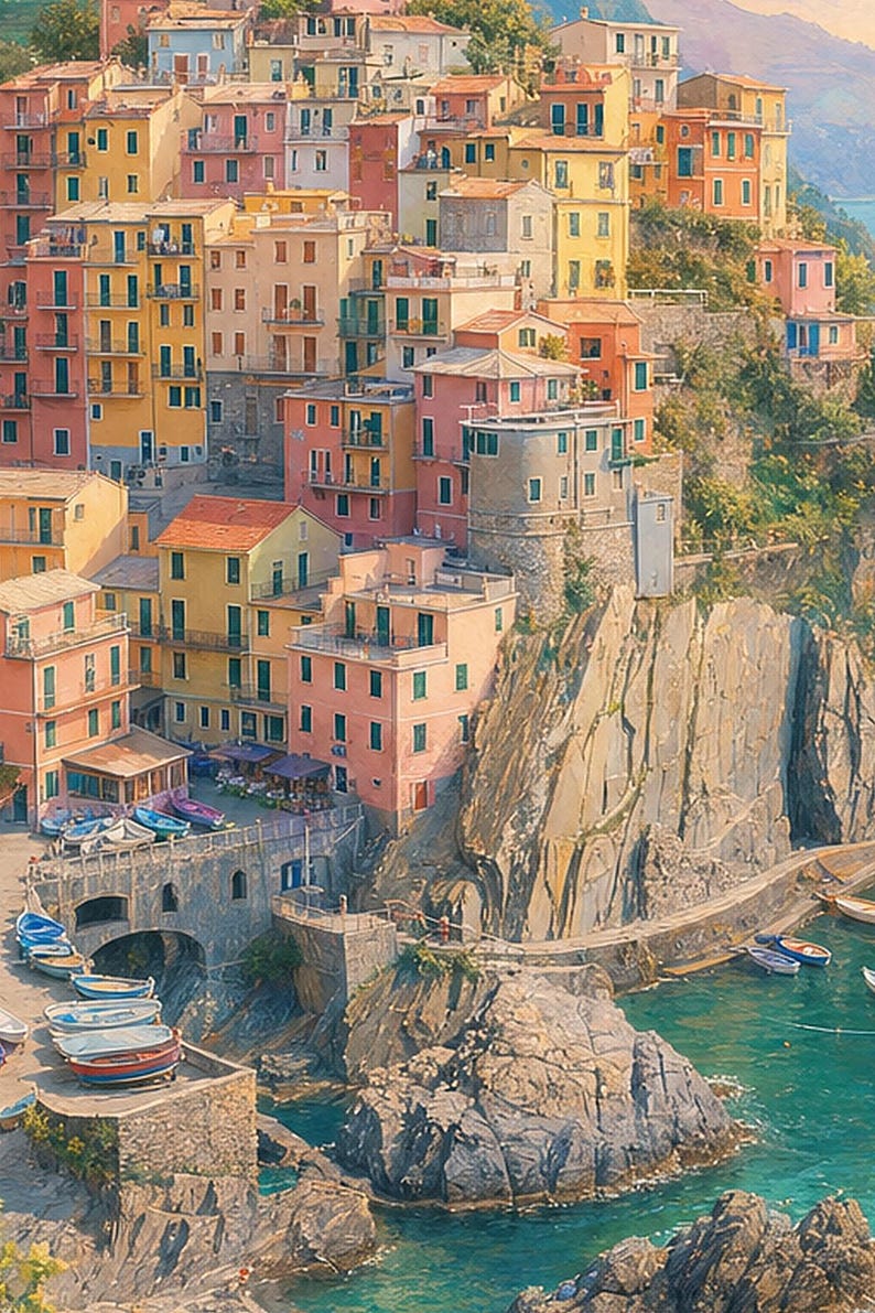 Reisposter Cinque Terre | Zachte schildering Italië Muurdecoratie | Kustprint van Manarola | Gedrukt en verzonden afbeelding 3