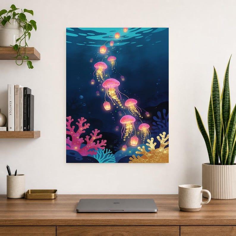 Bioluminescent Jellyfish Poster | Deep Sea Ocean Bathroom Wall Art Print | Dark Coastal Night Print image 10