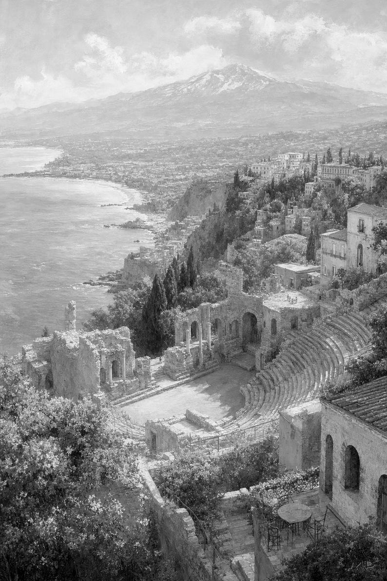 Taormina Travel Poster | Soft Painting Sicily Italy Wall Art | Coastal Etna View Print | Printed & Shipped image 10