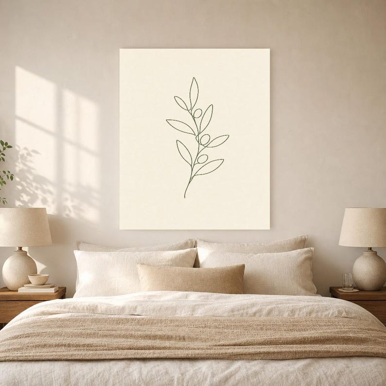 One Line Olive Branch Wall Art Print | Minimalist Line Art Print | Botanical Leaf Poster | Ivory Kitchen Decor | Japandi Sage Line Art image 6