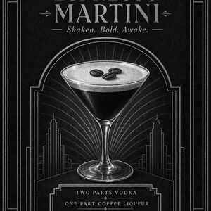 Dark Art Deco Espresso Martini Recipe Wall Art Print | Gold Cocktail Recipe Poster | Bar Cart Decor Print | Kitchen Wall Art image 10