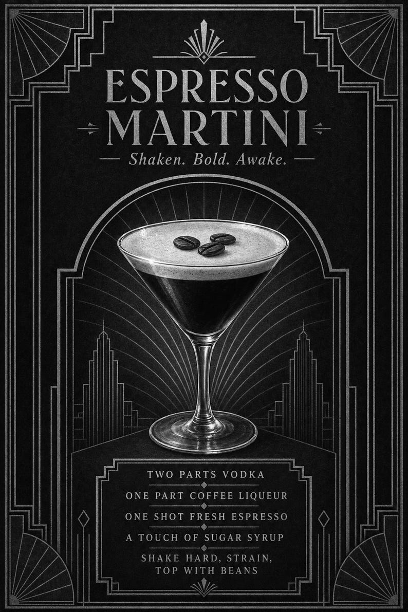Dark Art Deco Espresso Martini Recipe Wall Art Print | Gold Cocktail Recipe Poster | Bar Cart Decor Print | Kitchen Wall Art image 10