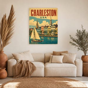 Póster turístico de Charleston | Lámina vintage de Rainbow Row de los años 50 | Arte mural retro de Carolina del Sur | Decoración de mediados de siglo imagen 7