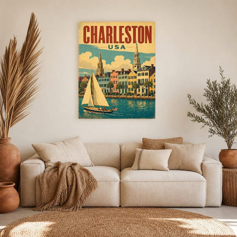 Póster turístico de Charleston | Lámina vintage de Rainbow Row de los años 50 | Arte mural retro de Carolina del Sur | Decoración de mediados de siglo imagen 7