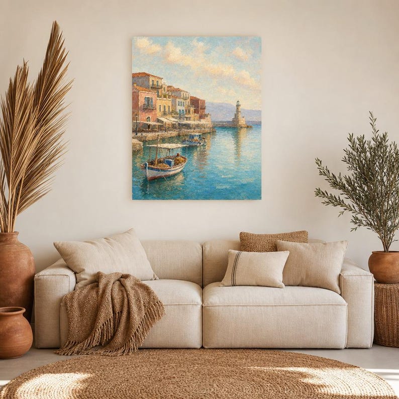 Crete Travel Poster | Soft Painting Greece Wall Art | Chania Old Harbour Coastal Print | Printed & Shipped image 7