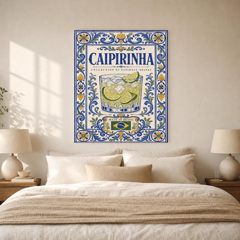 Caipirinha Cocktail Tile Wall Art Print | Brazil National Drink Poster | Azulejo Bar Cart Print | Maiolica Kitchen Decor image 6