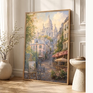 Póster de Montmartre, París | Pintura suave para pared, arte francés | Lámina de la calle adoquinada del Sacré-Cœur | Impreso y enviado imagen 1