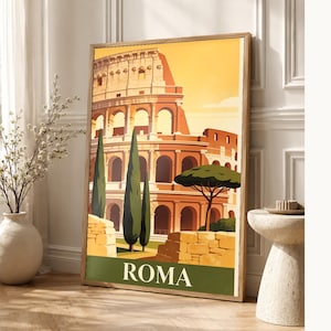Rome Vintage Travel Poster | Retro Italy City Art Print | Housewarming Gift Wall Decor image 1